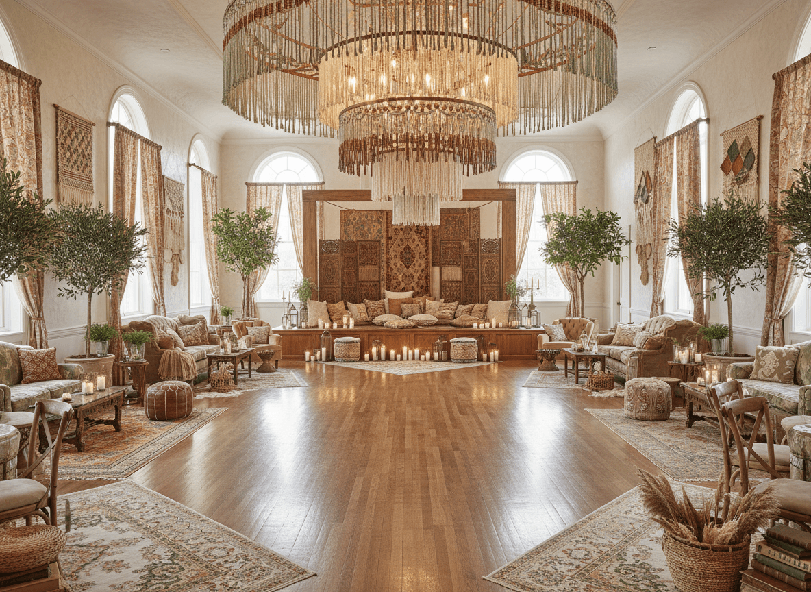 Boho Chic Ballroom interior design - professional boho chic ballroom with sophisticated decor and premium finishes