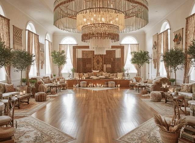 Boho Chic Ballroom interior design - professional boho chic ballroom with sophisticated decor and premium finishes