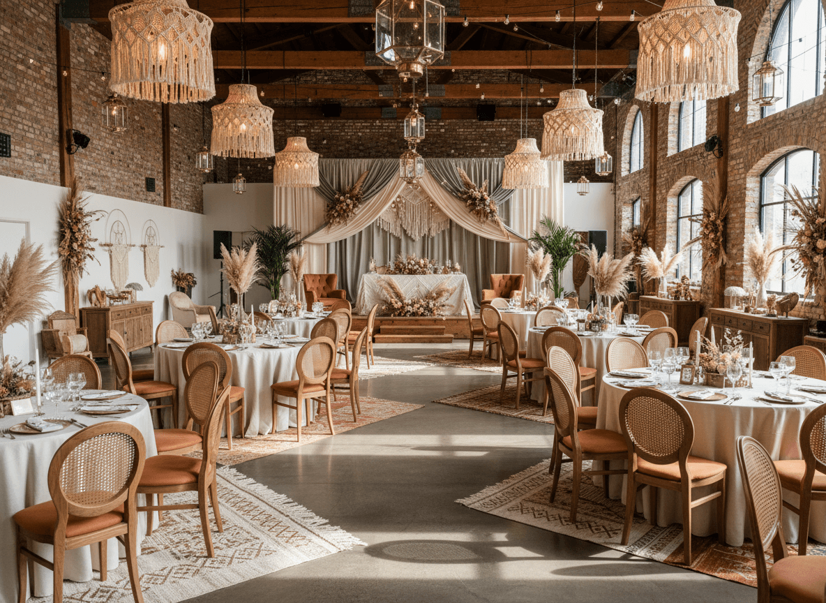 Boho Chic Banquet Hall interior design - professional boho chic banquet hall with sophisticated decor and premium finishes