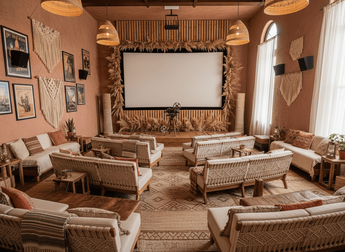 Boho Chic Cinema interior design - professional boho chic cinema with sophisticated decor and premium finishes