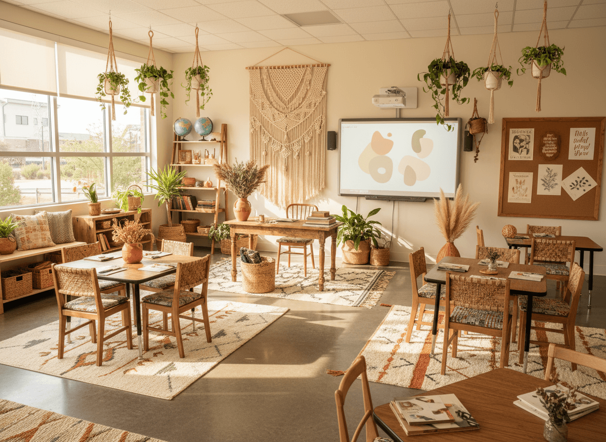 Boho Chic Classroom interior design - professional boho chic classroom with sophisticated decor and premium finishes
