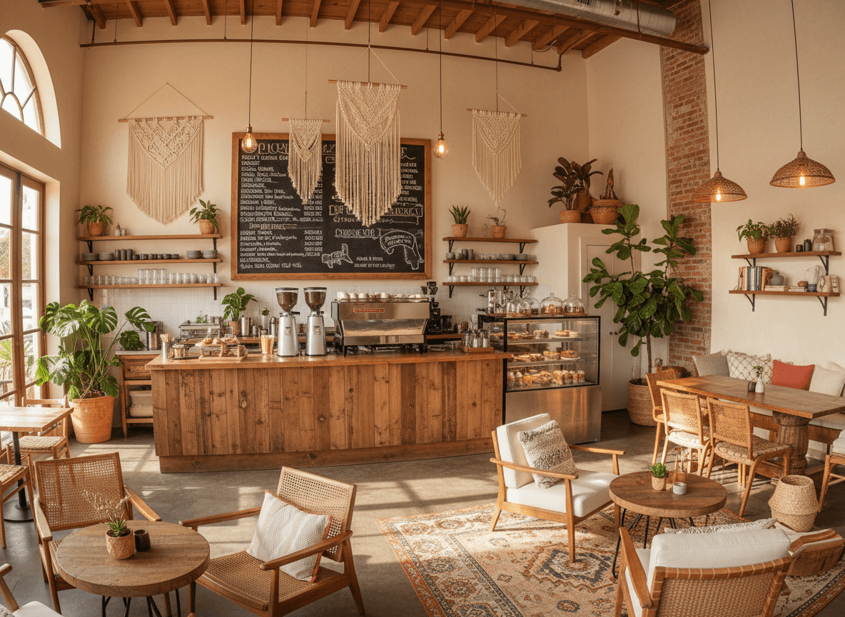 Boho Chic Coffee Shop interior design - professional boho chic coffee shop with sophisticated decor and premium finishes