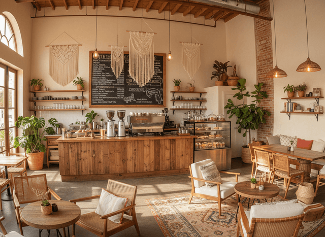 Boho Chic Coffee Shop interior design - professional boho chic coffee shop with sophisticated decor and premium finishes