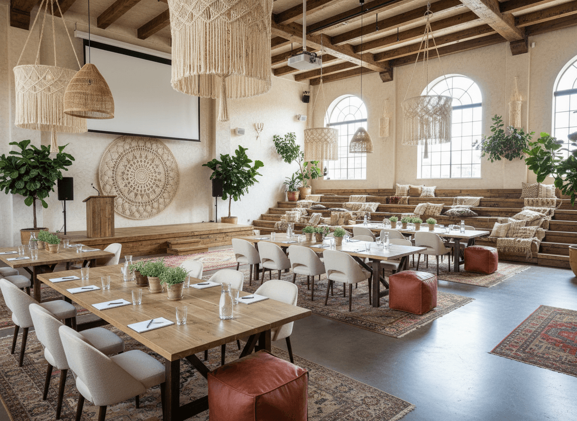 Boho Chic Conference Hall interior design - professional boho chic conference hall with sophisticated decor and premium finishes