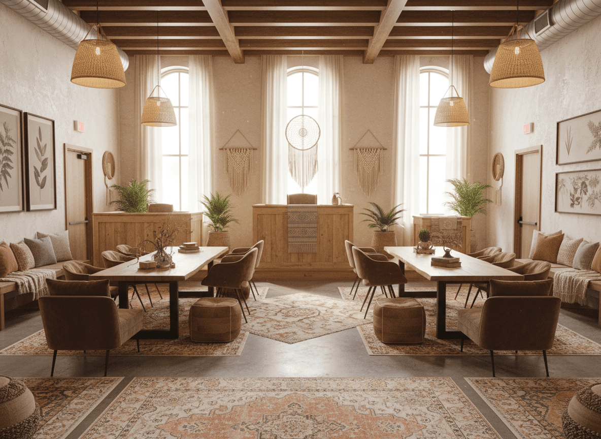 Boho Chic Courtroom interior design - professional boho chic courtroom with sophisticated decor and premium finishes