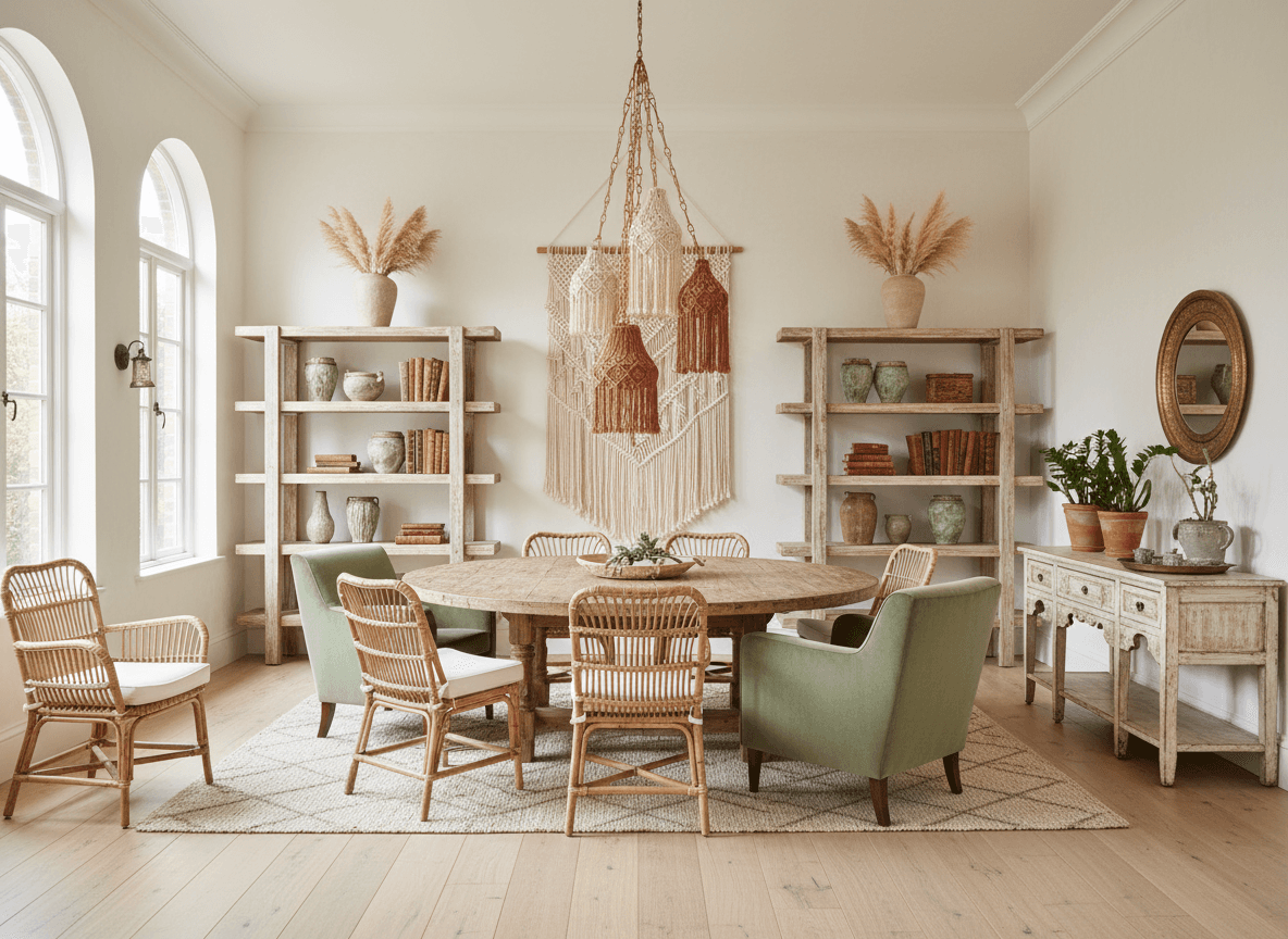 Boho Chic Dining Room interior design - professional boho chic dining room with sophisticated decor and premium finishes