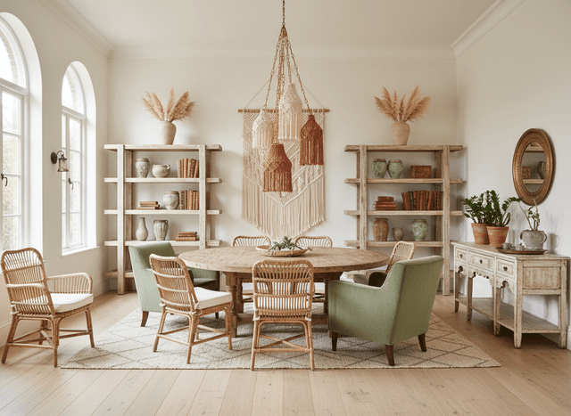Boho Chic Dining Room interior design - professional boho chic dining room with sophisticated decor and premium finishes