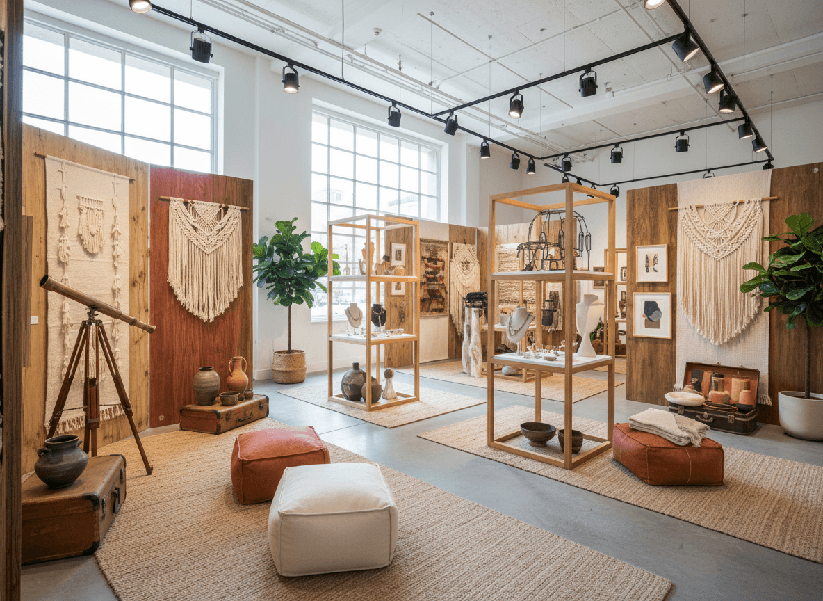 Boho Chic Exhibition Space interior design - professional boho chic exhibition space with sophisticated decor and premium finishes