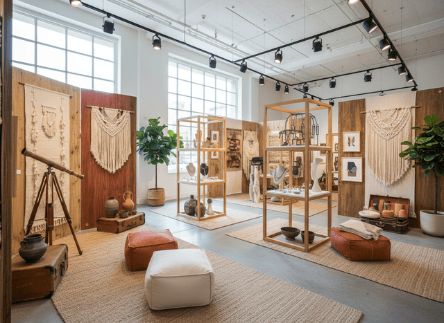 Boho Chic Exhibition Space interior design - professional boho chic exhibition space with sophisticated decor and premium finishes