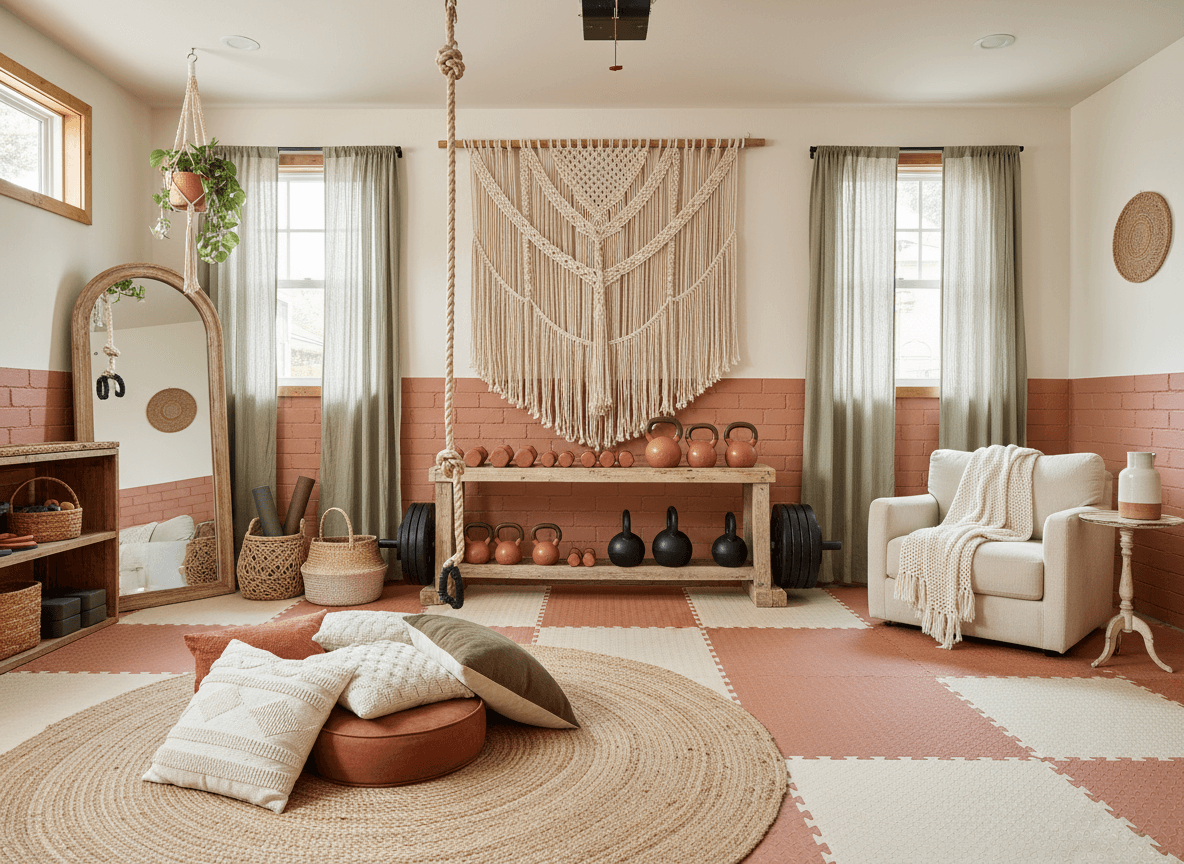Boho Chic Garage Gym interior design - professional boho chic garage gym with sophisticated decor and premium finishes