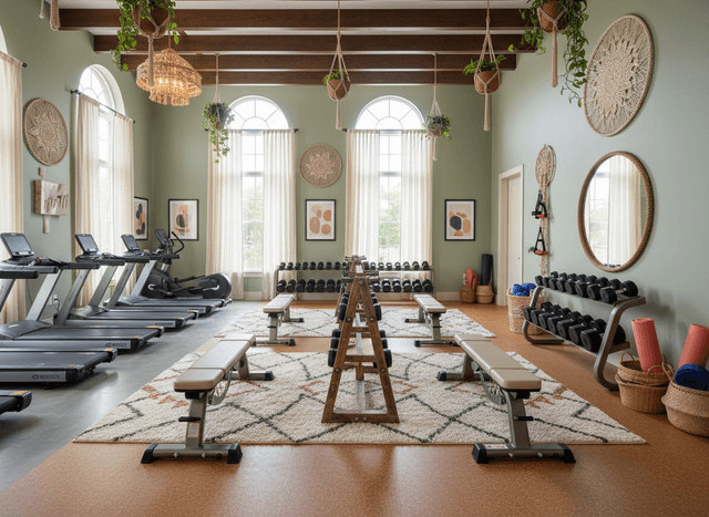 Boho Chic Gym interior design - professional boho chic gym with sophisticated decor and premium finishes