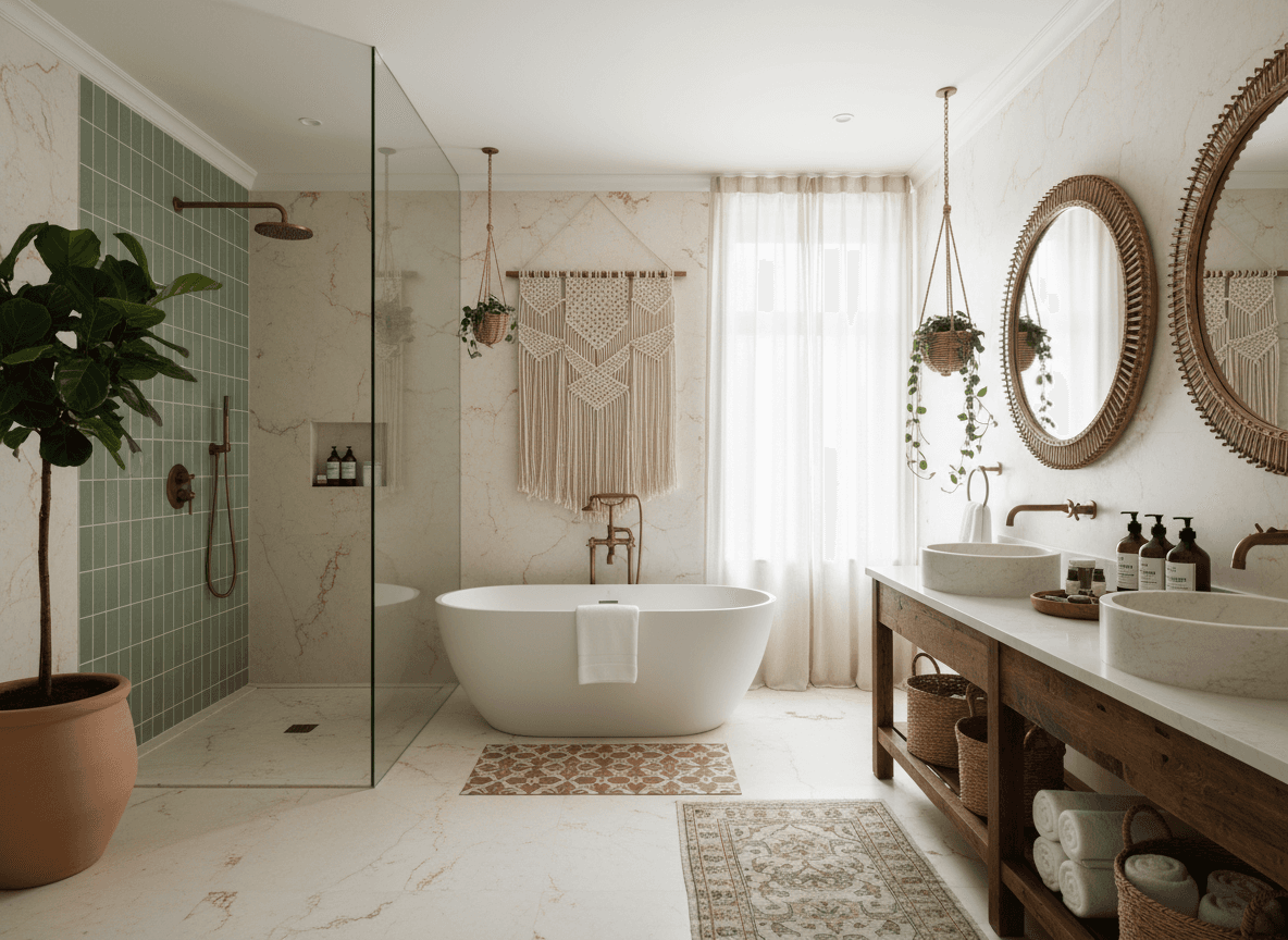 Boho Chic Hotel Bathroom interior design - professional boho chic hotel bathroom with sophisticated decor and premium finishes