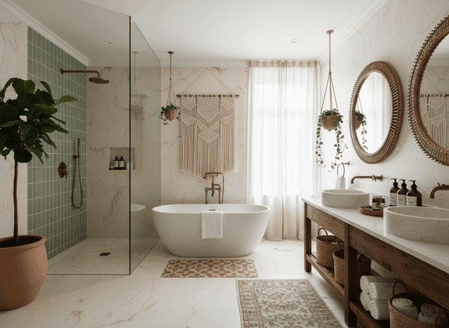 Boho Chic Hotel Bathroom interior design - professional boho chic hotel bathroom with sophisticated decor and premium finishes