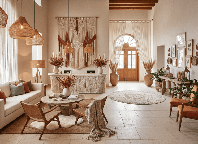 Boho Chic Hotel Lobby interior design - professional boho chic hotel lobby with sophisticated decor and premium finishes