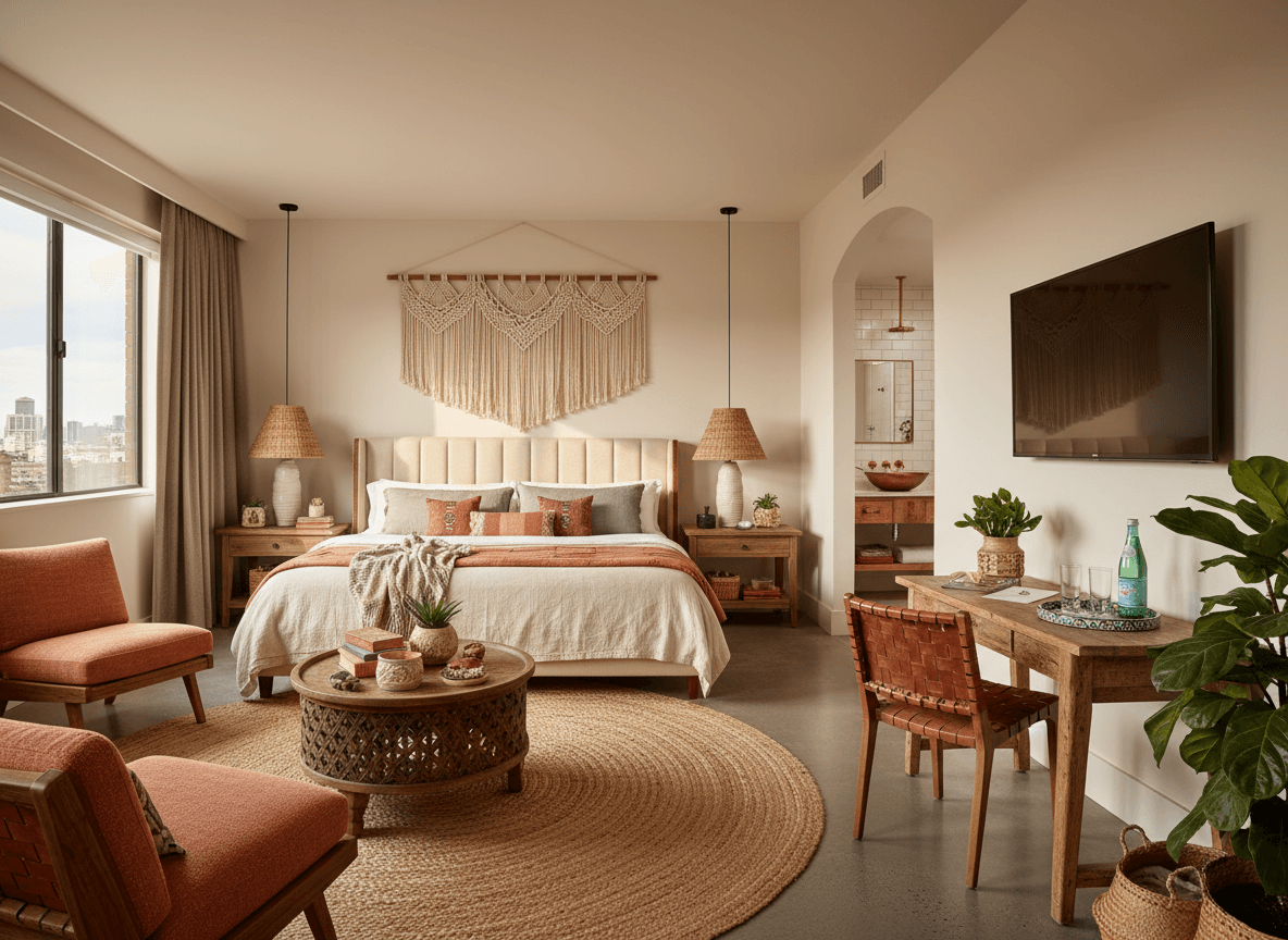 Boho Chic Hotel Room interior design - professional boho chic hotel room with sophisticated decor and premium finishes