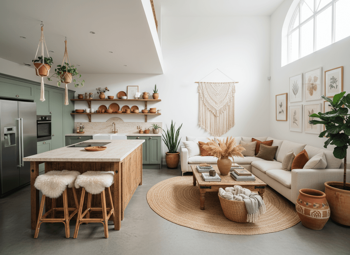 Boho Chic Kitchen Living Combo interior design - professional boho chic kitchen living combo with sophisticated decor and premium finishes