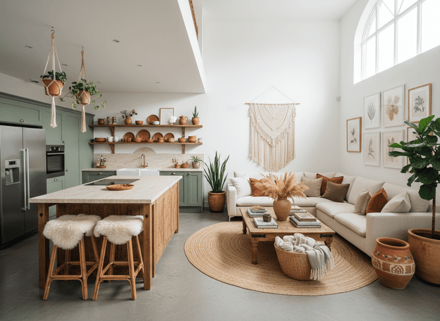 Boho Chic Kitchen Living Combo interior design - professional boho chic kitchen living combo with sophisticated decor and premium finishes