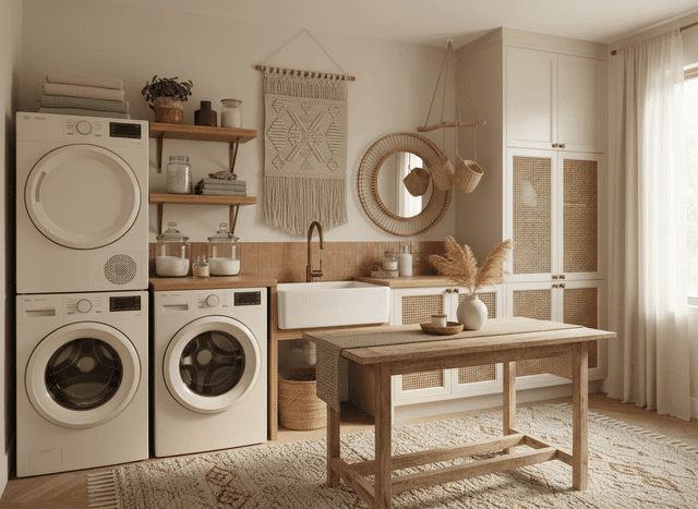 Boho Chic Laundry Room interior design - professional boho chic laundry room with sophisticated decor and premium finishes