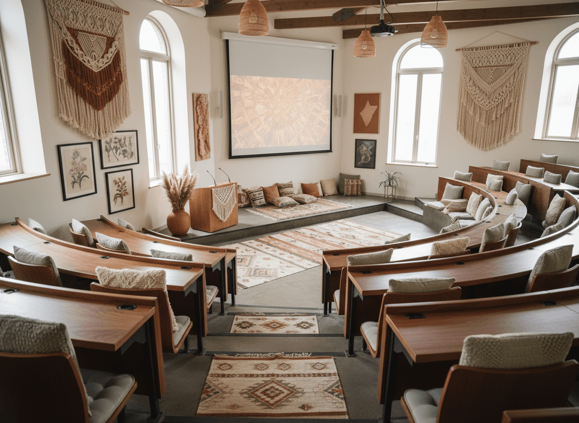 Boho Chic Lecture Hall interior design - professional boho chic lecture hall with sophisticated decor and premium finishes