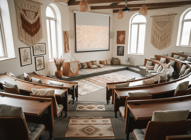 Boho Chic Lecture Hall interior design - professional boho chic lecture hall with sophisticated decor and premium finishes