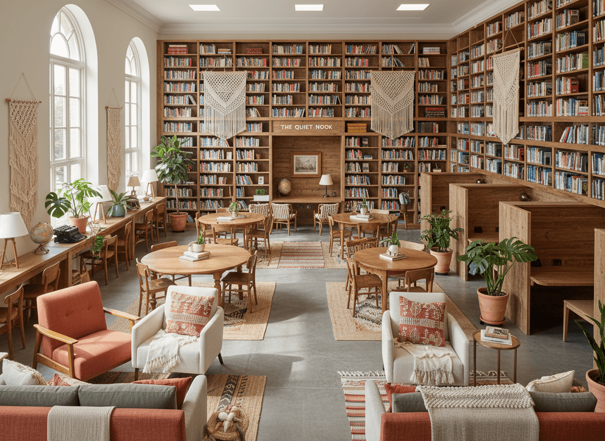 Boho Chic Library interior design - professional boho chic library with sophisticated decor and premium finishes