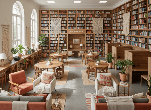 Boho Chic Library interior design - professional boho chic library with sophisticated decor and premium finishes