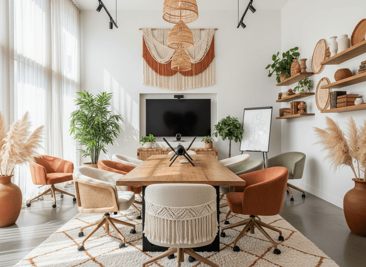 Boho Chic Meeting Room interior design - professional boho chic meeting room with sophisticated decor and premium finishes