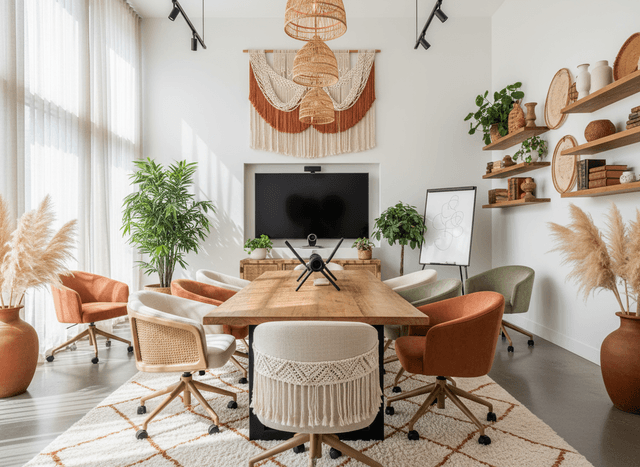 Boho Chic Meeting Room interior design - professional boho chic meeting room with sophisticated decor and premium finishes