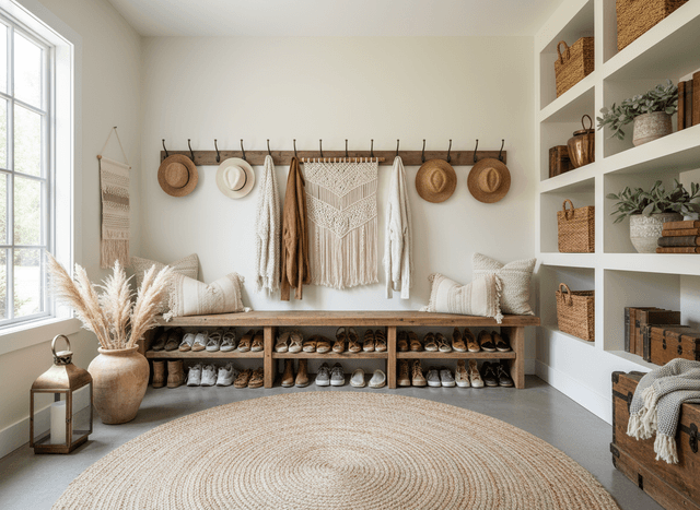 Boho Chic Mudroom interior design - professional boho chic mudroom with sophisticated decor and premium finishes