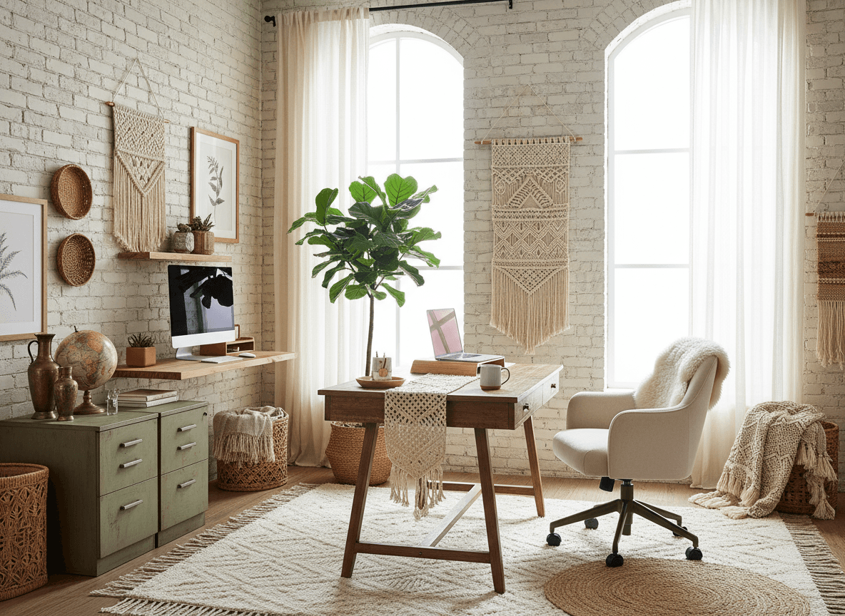 Boho Chic Office interior design - professional boho chic office with sophisticated decor and premium finishes