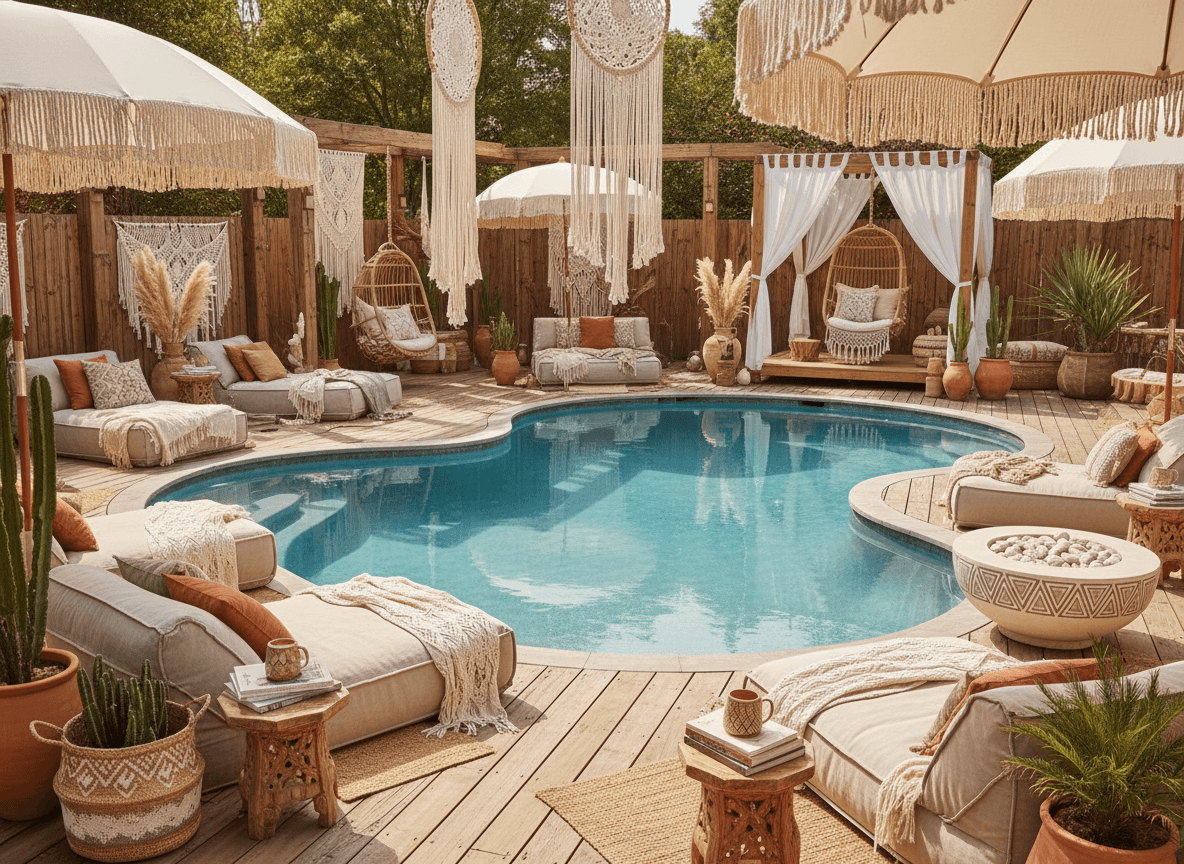 Boho Chic Outdoor Pool Area interior design - professional boho chic outdoor pool area with sophisticated decor and premium finishes