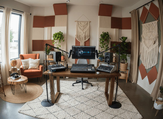 Boho Chic Podcast Studio interior design - professional boho chic podcast studio with sophisticated decor and premium finishes