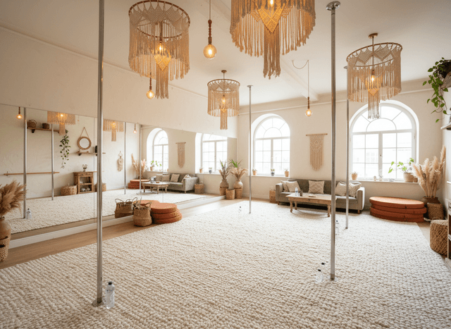 Boho Chic Pole Dance Studio interior design - professional boho chic pole dance studio with sophisticated decor and premium finishes