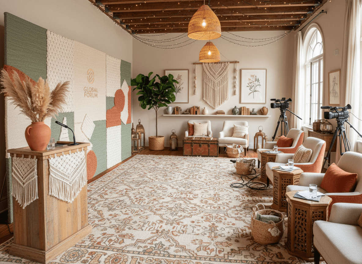 Boho Chic Press Room interior design - professional boho chic press room with sophisticated decor and premium finishes