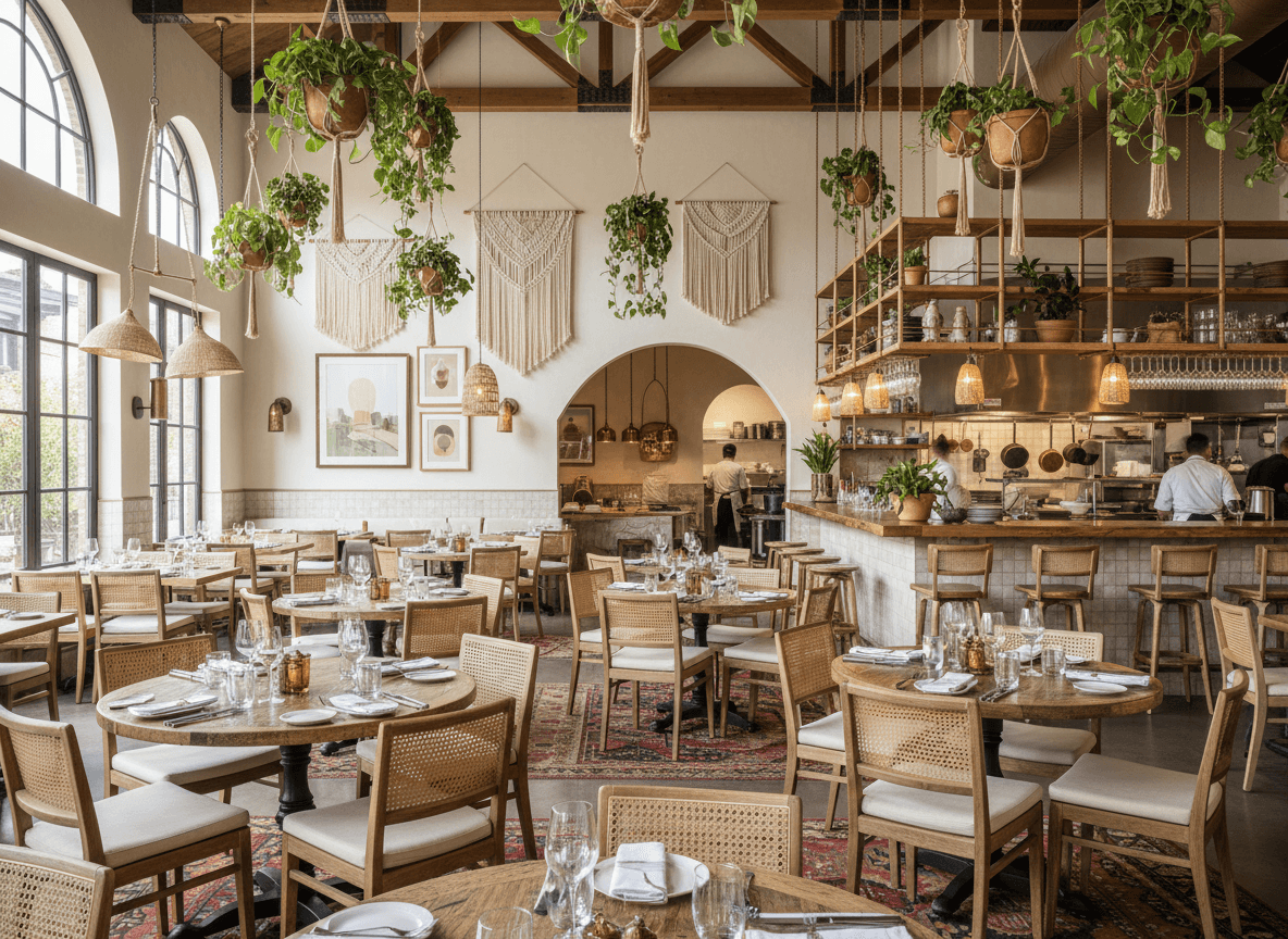 Boho Chic Restaurant interior design - professional boho chic restaurant with sophisticated decor and premium finishes