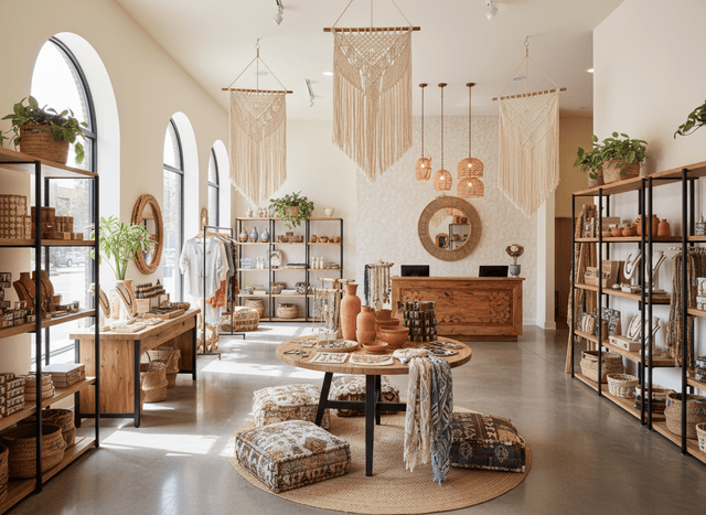 Boho Chic Store interior design - professional boho chic store with sophisticated decor and premium finishes
