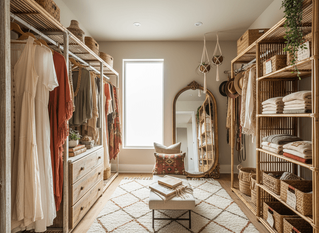 Boho Chic Walk In Closet interior design - professional boho chic walk in closet with sophisticated decor and premium finishes