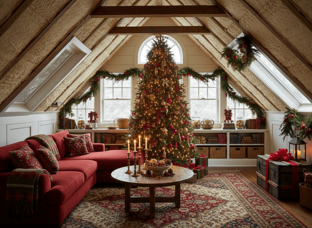 Christmas Attic interior design - professional christmas attic with sophisticated decor and premium finishes