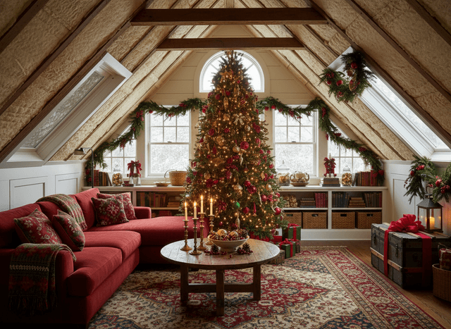 Christmas Attic interior design - professional christmas attic with sophisticated decor and premium finishes