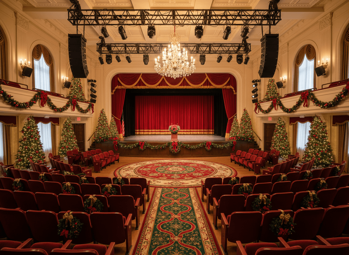 Christmas Auditorium interior design - professional christmas auditorium with sophisticated decor and premium finishes