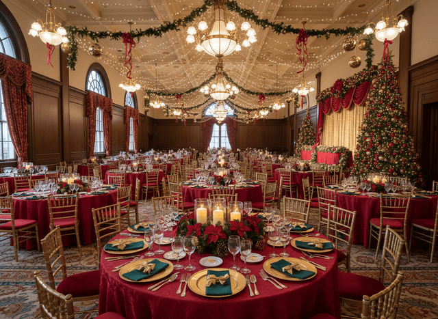 Christmas Banquet Hall interior design - professional christmas banquet hall with sophisticated decor and premium finishes