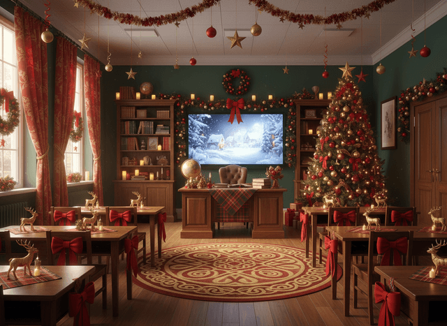 Christmas Classroom interior design - professional christmas classroom with sophisticated decor and premium finishes