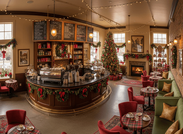 Christmas Coffee Shop interior design - professional christmas coffee shop with sophisticated decor and premium finishes