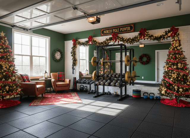 Christmas Garage Gym interior design - professional christmas garage gym with sophisticated decor and premium finishes