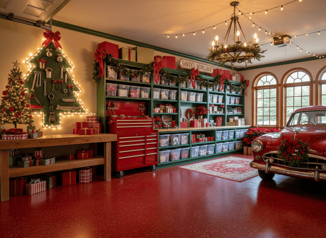 Christmas Garage interior design - professional christmas garage with sophisticated decor and premium finishes