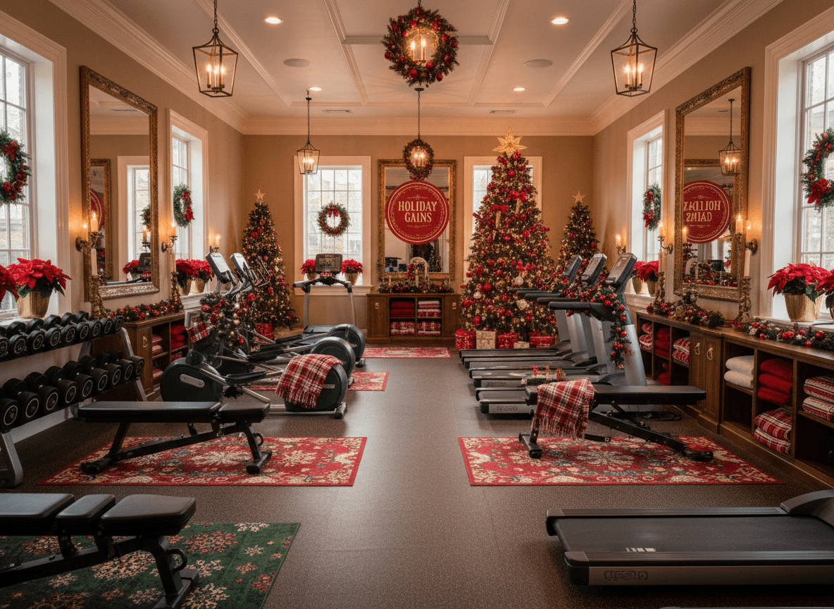 Christmas Gym interior design - professional christmas gym with sophisticated decor and premium finishes