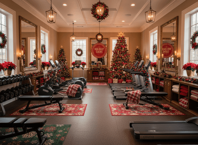 Christmas Gym interior design - professional christmas gym with sophisticated decor and premium finishes