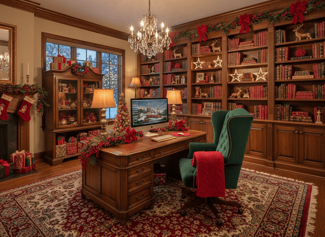 Christmas Home Office interior design - professional christmas home office with sophisticated decor and premium finishes