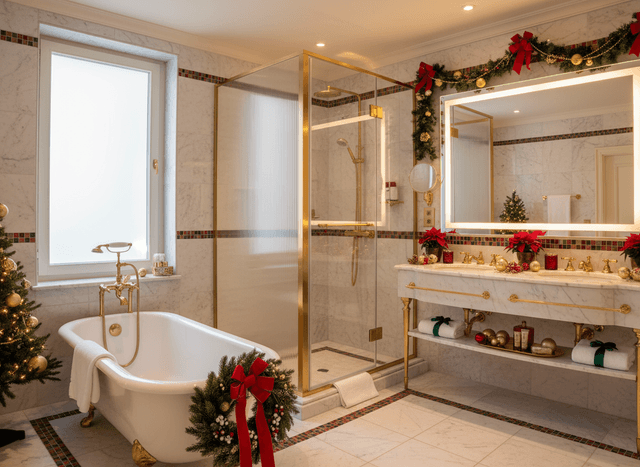 Christmas Hotel Bathroom interior design - professional christmas hotel bathroom with sophisticated decor and premium finishes