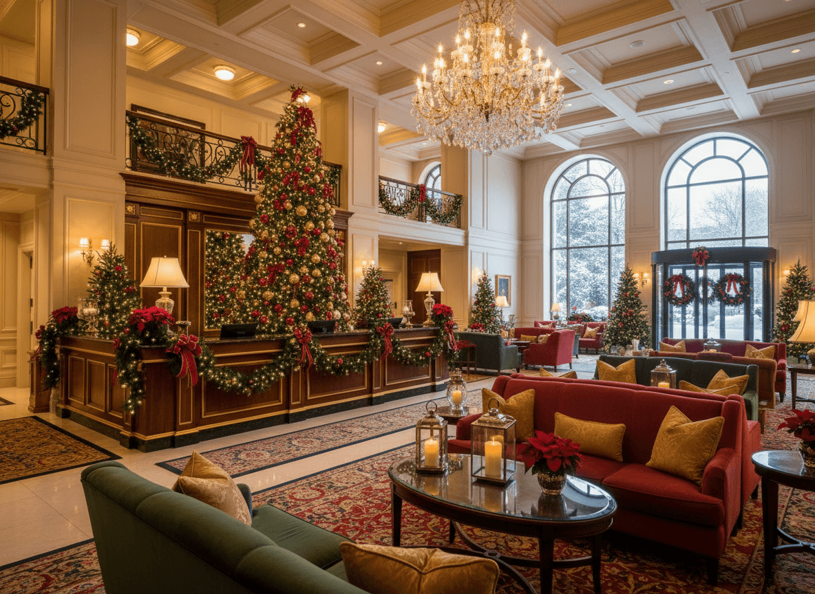 Christmas Hotel Lobby interior design - professional christmas hotel lobby with sophisticated decor and premium finishes